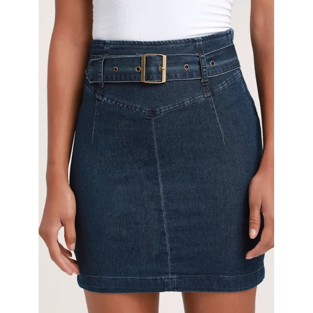 Free Peiple Dark Blue Denim Belted Pencil Mini High Waisted Skirt - Size 10